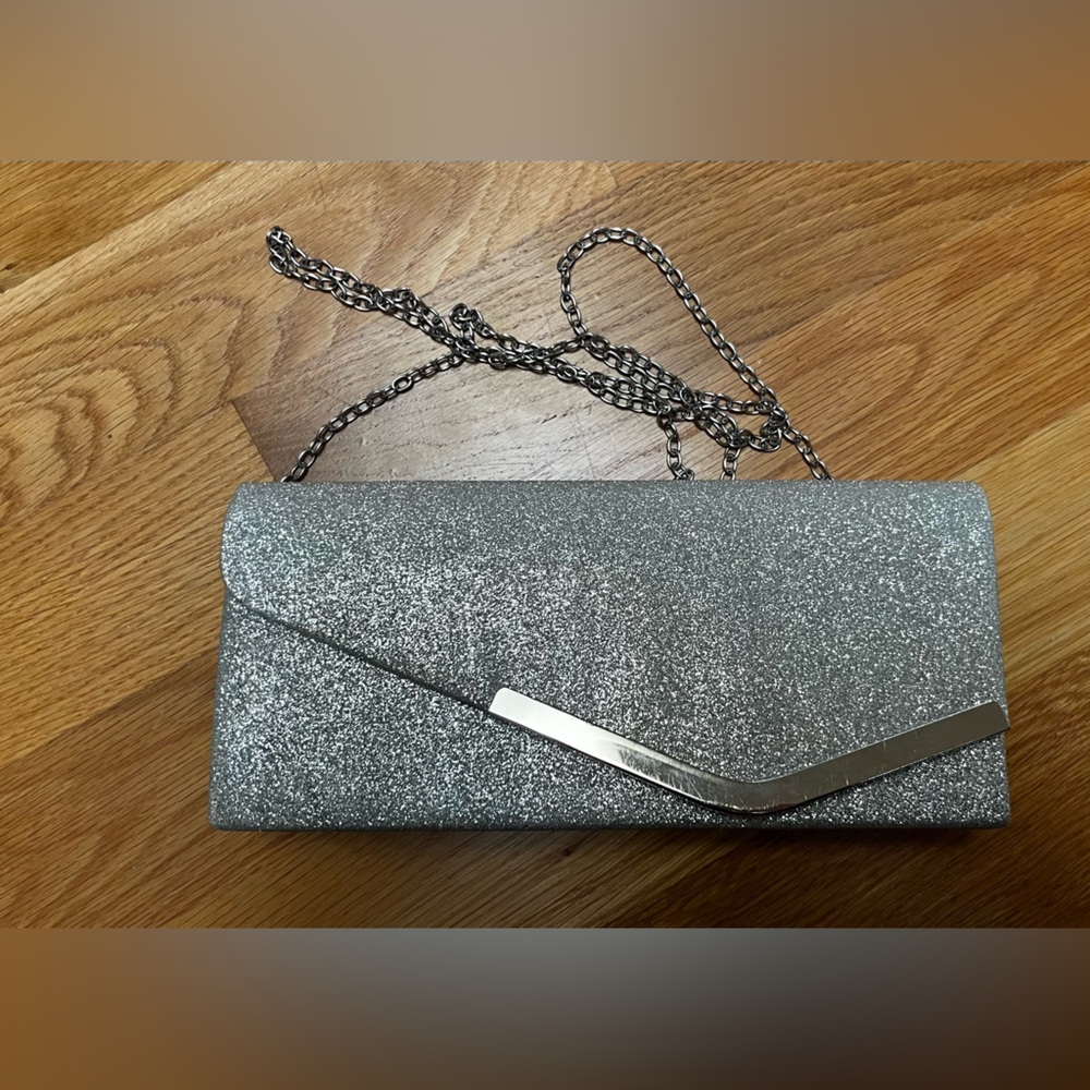 Silver Glitter Clutch with Chain Strap